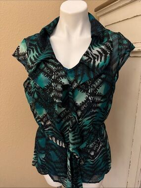Worthington Teal and Black Ruffle Tie-Front Blouse